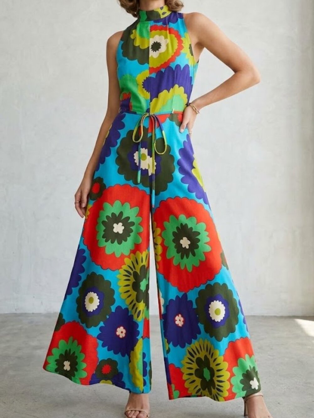 Vtg 60's 70's Alfred Shaheen Flower Power Palazzo Halter Jumpsuit Wide Leg Sz XS